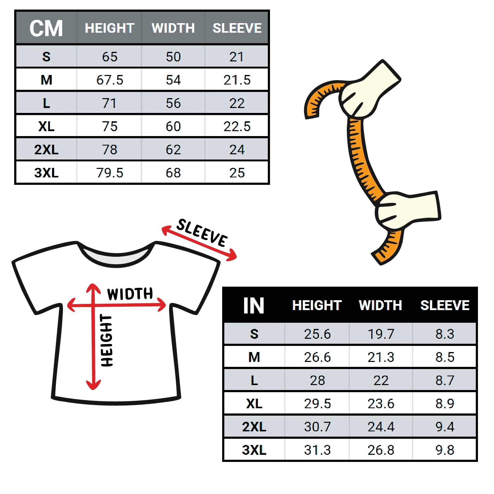 Measurement chart for the THAT'S RUFF LAMP & PATCH TEES with height, width, and sleeve length dimensions in both centimetres and inches.
