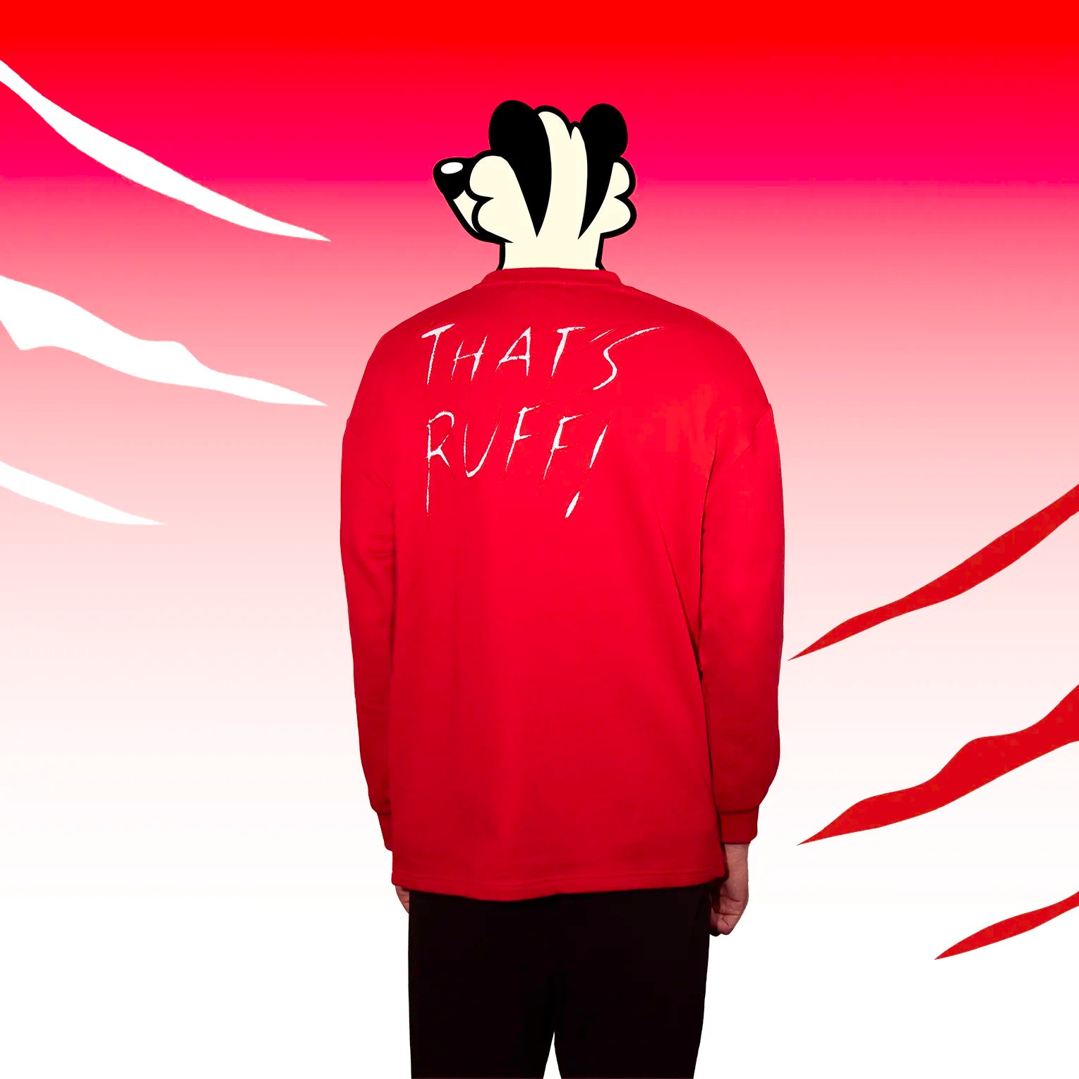 Person wearing a red sweatshirt with 'THAT'S RUFFI' text on the back, against a red and white background.