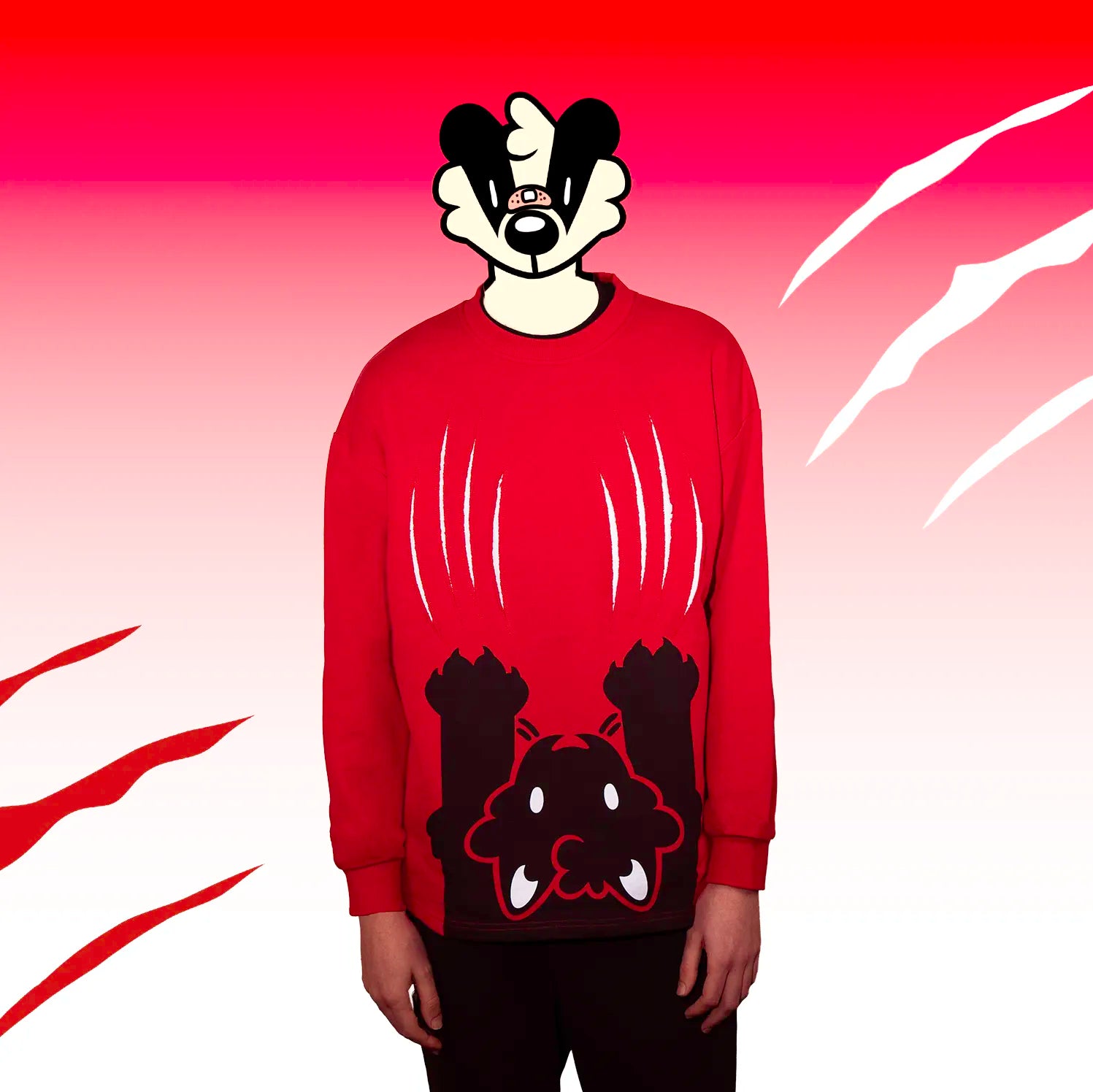 Person wearing a red sweater with a cartoon badger head on a gradient background.
