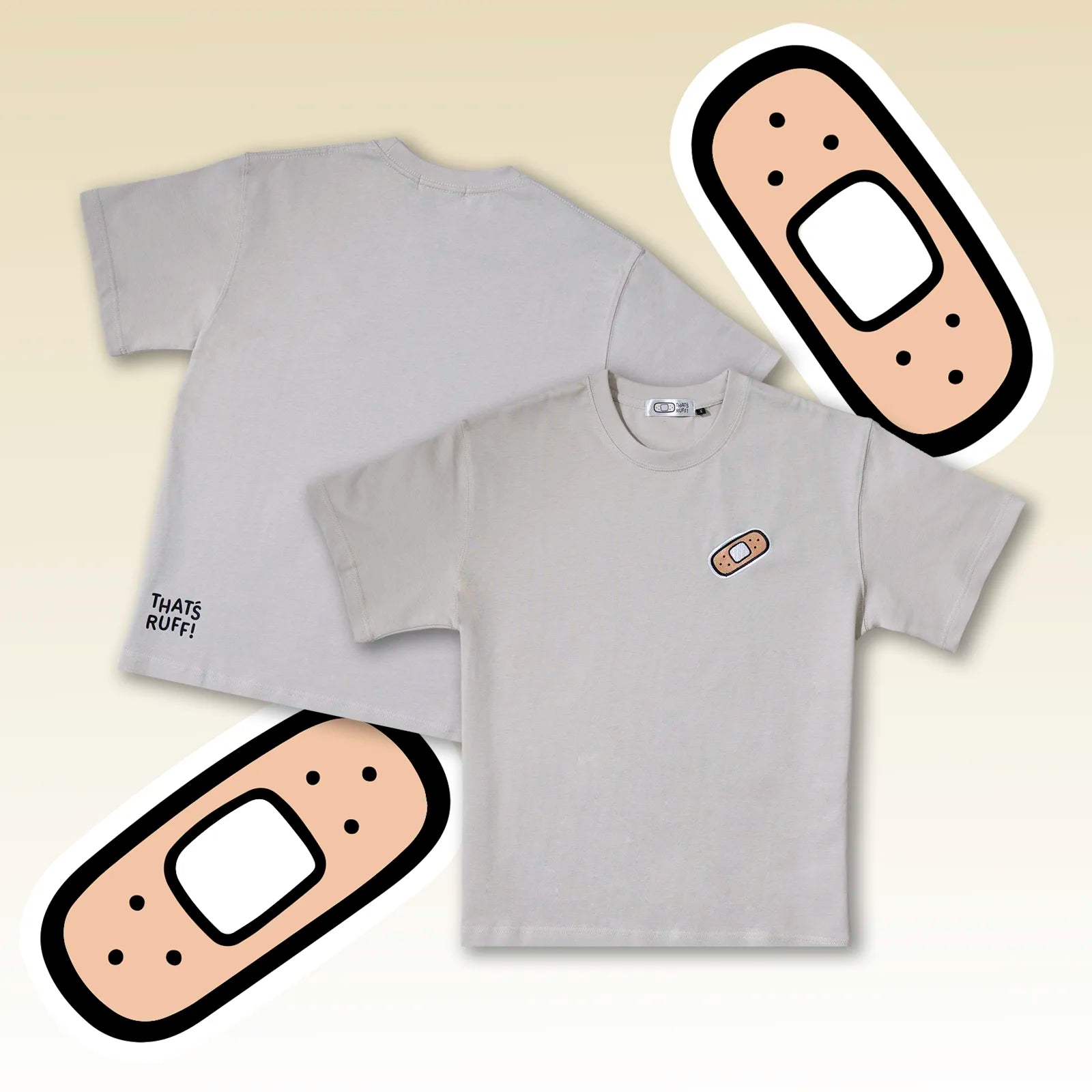 Front and back of a beige unisex t-shirt with small plaster patch embroidery and subtle hem logo—clean minimalist streetwear.
