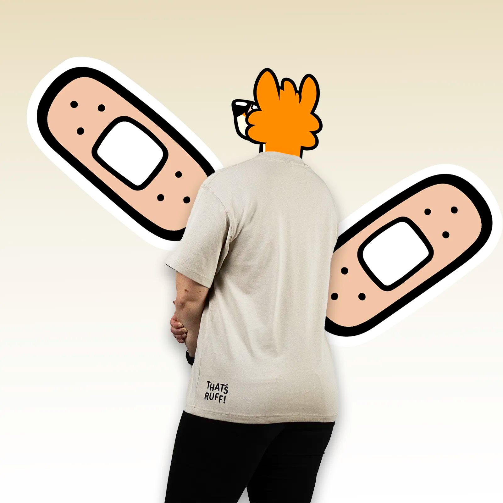 Back angle of a beige premium cotton tee with a small THAT'S RUFF hem mark—clean, minimalist streetwear.