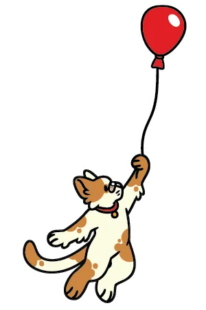 Playful cartoon sticker of a cat holding onto a red balloon, floating in the air. This whimsical design from the 'That's Ruff!' collection is perfect for decorating notebooks, laptops, or accessories with a fun and creative touch.
