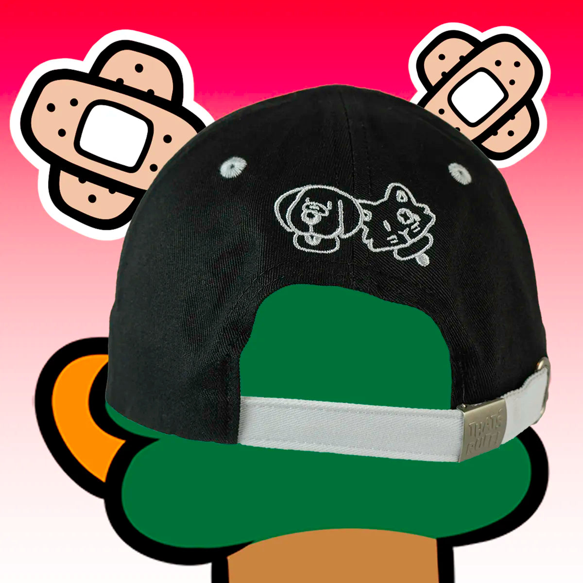 Back view showing dog and cat embroidery with adjustable strapback and embossed clasp—furry merch baseball cap.