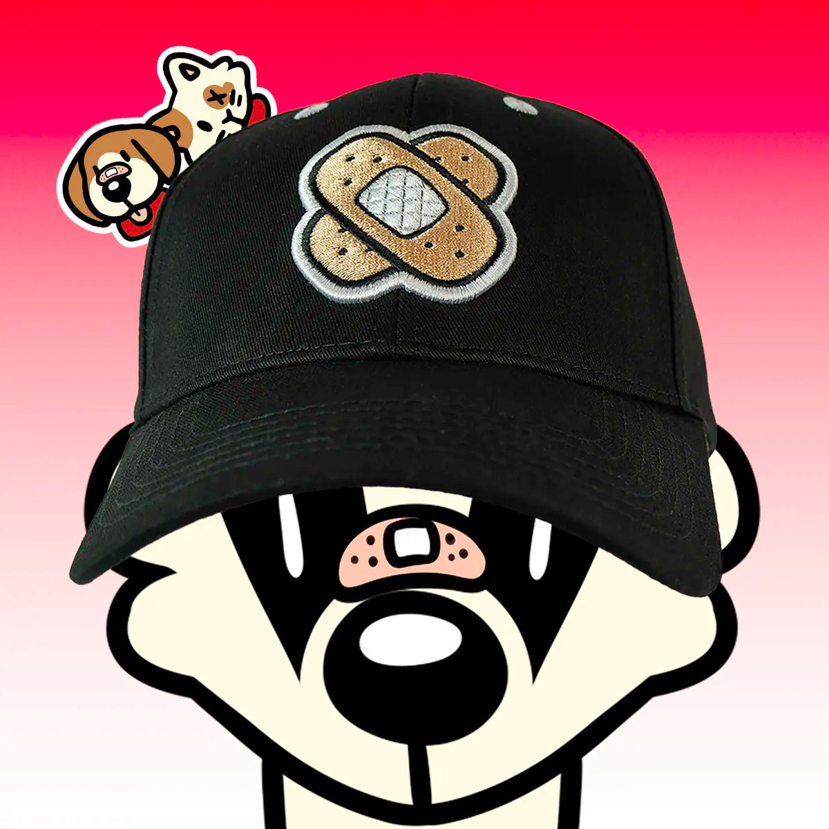 Front view of black bandaid-embroidered baseball cap—adjustable strapback; kawaii streetwear and furry clothing.