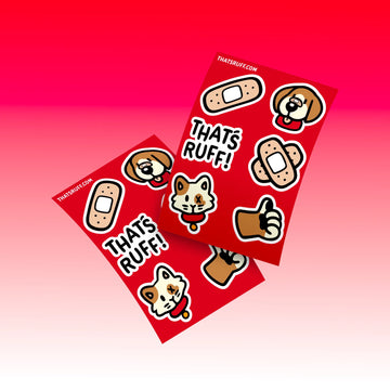 Friends sticker sheet starring Ruff the beagle and Blotches the calico cat; biodegradable cellulose stickers for laptops and lockers.