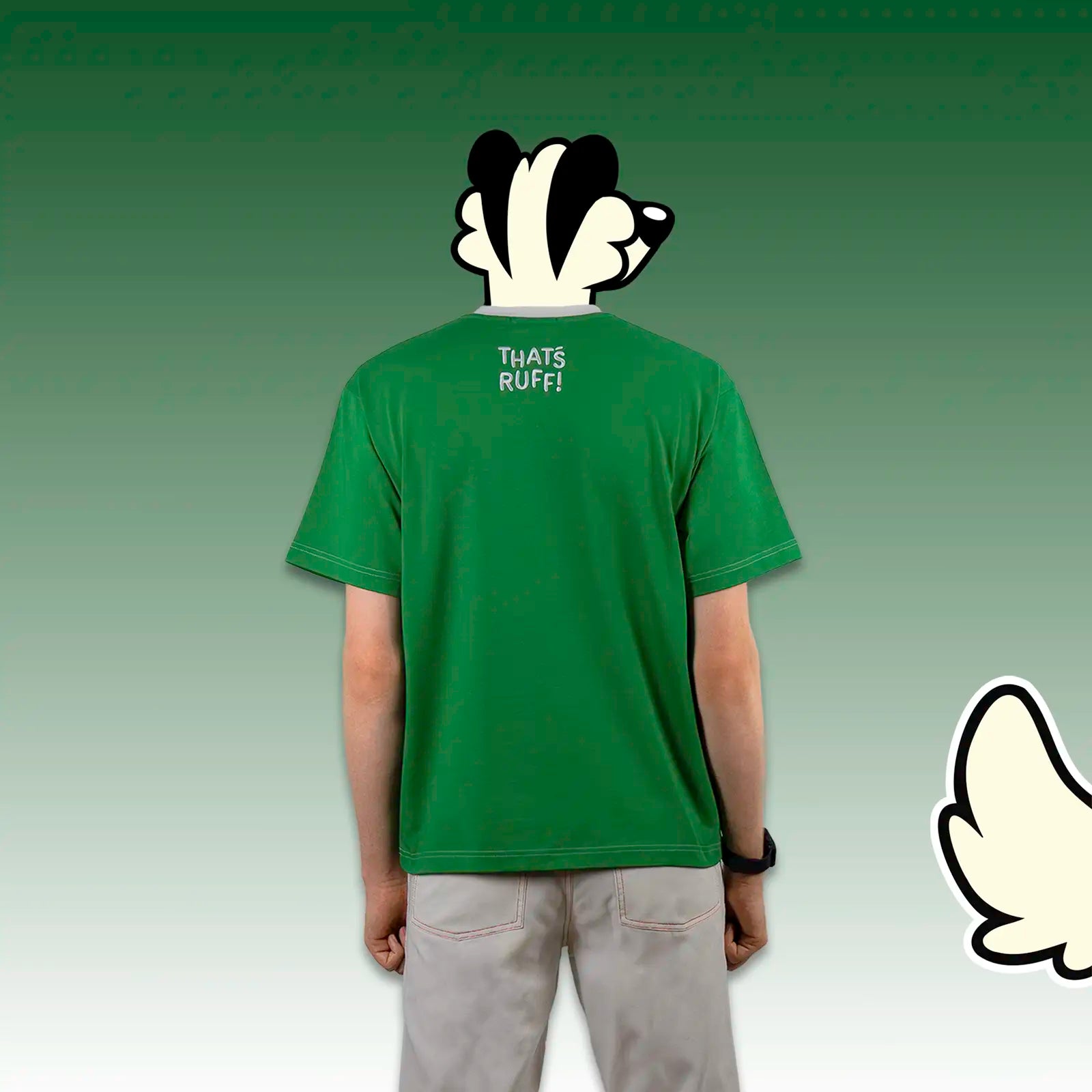 Back view of an emerald-green tee with THAT'S RUFF neck embroidery—premium heavyweight cotton; cute furry clothing.