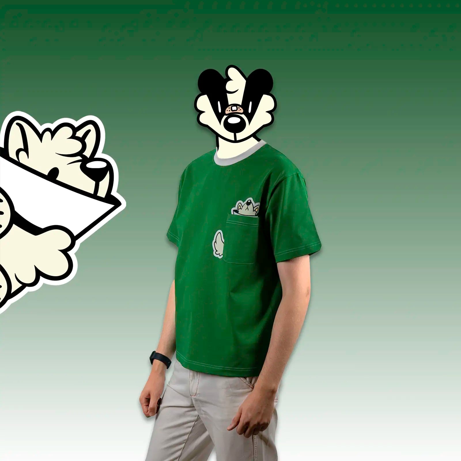 Model in an emerald-green true-to-size pocket tee featuring Samoyed “Lamp” peeking design—heavyweight cotton; furry merch, unisex.