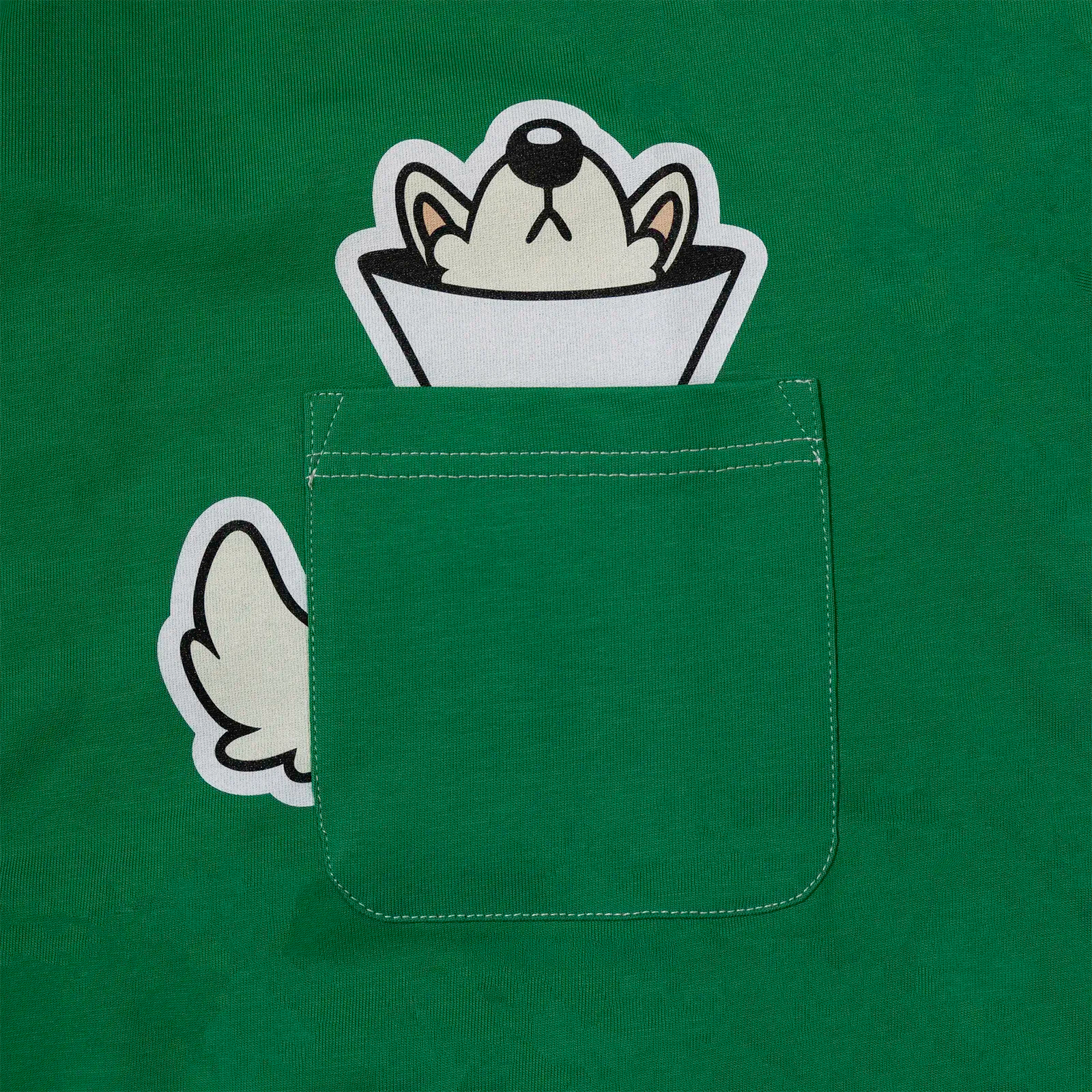 Pocket print close-up: Samoyed dog “Lamp” peeking with tail detail on emerald-green tee—cute animal graphic top; furry shirt.