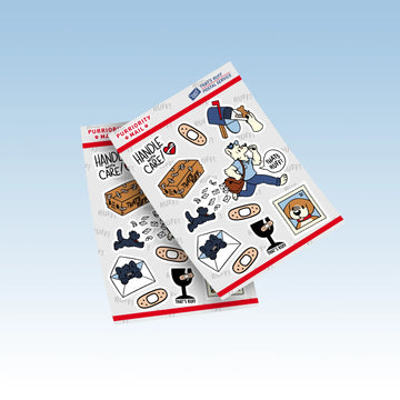 Postal-theme sheet with shepherd mail carrier, stamps, envelopes, and Vandal; biodegradable plant-cellulose stickers for pen pals.