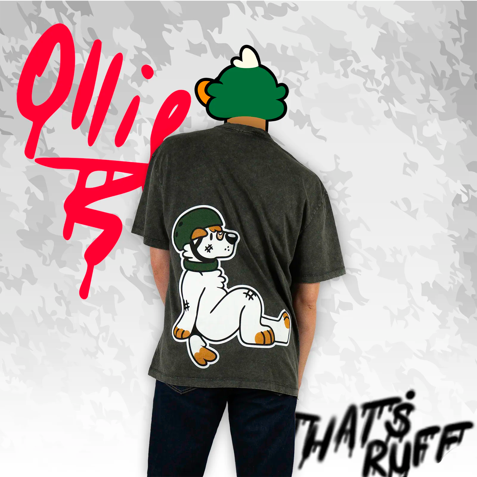 Back view of acid-wash grey oversized 260gsm cotton tee with large Ollie dog graphic—furry clothing/furry merch by THAT'S RUFF.