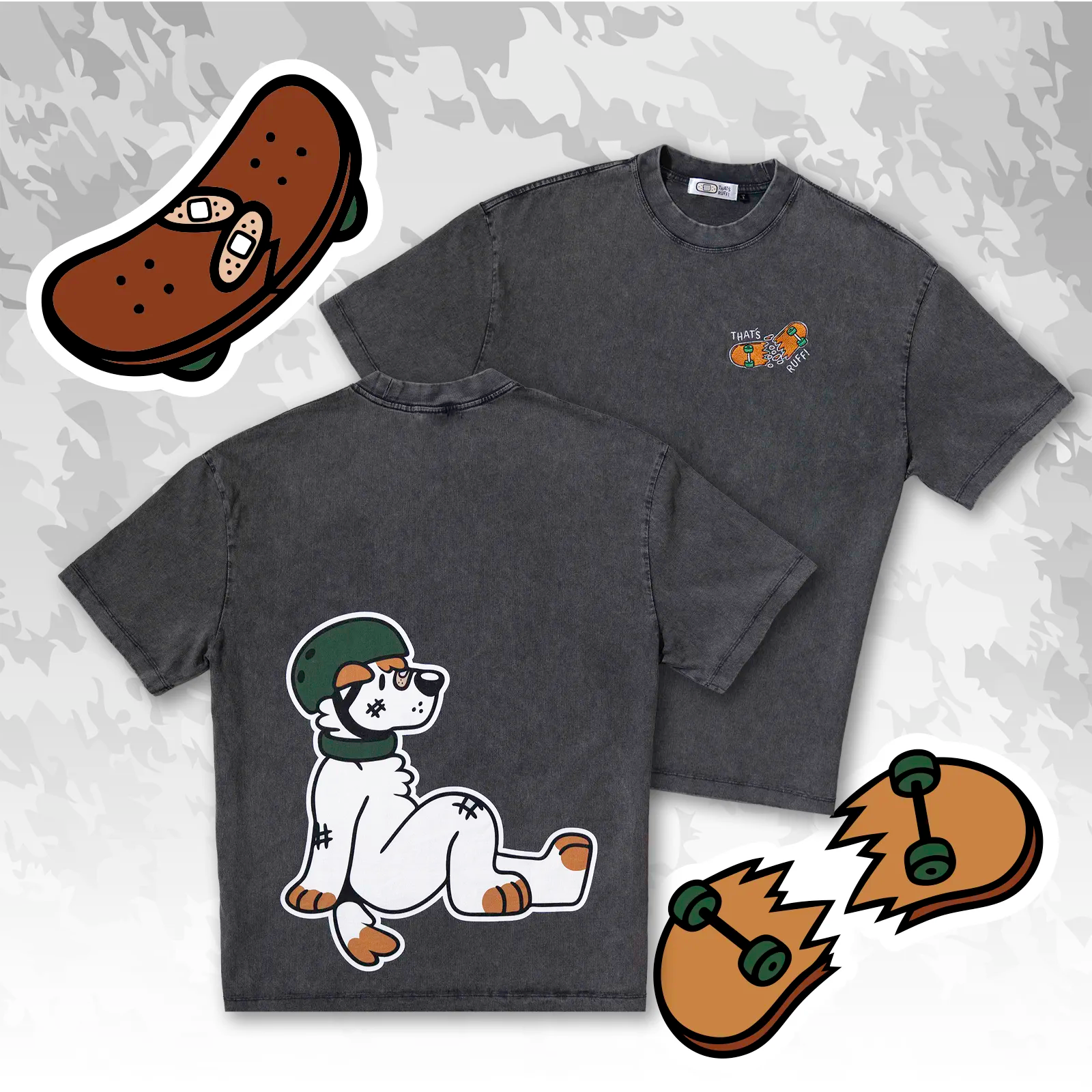 Flat lay showing back Ollie skater dog graphic and front embroidered skateboard on an acid-wash grey oversized tee—furry clothing.