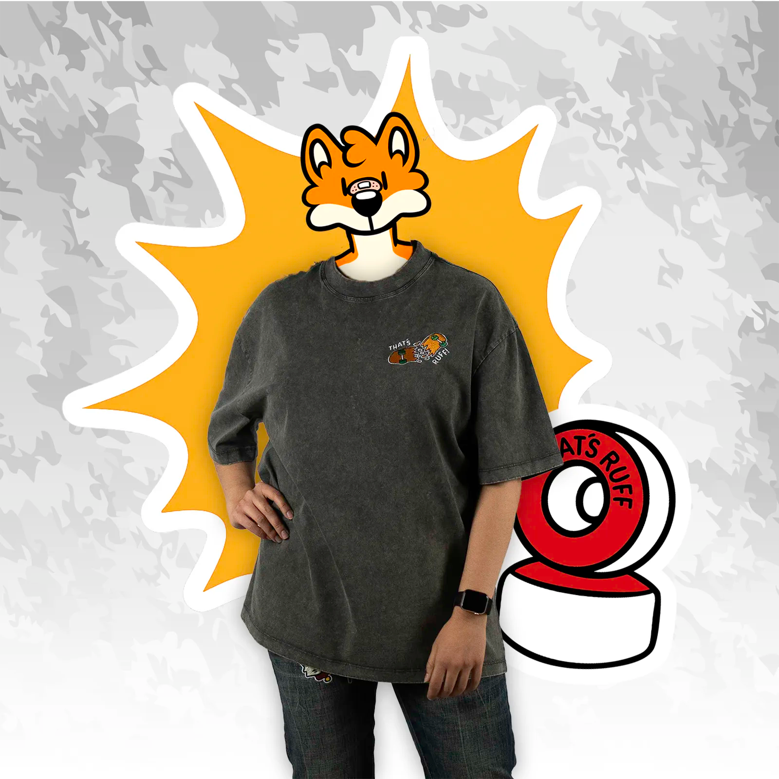 Front view of grey oversized tee with embroidered broken-skateboard chest logo—kawaii streetwear and furry merch.