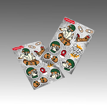 Ollie the skateboarding mutt with ramps and wheels; durable biodegradable cellulose stickers for boards, notebooks, and phones.