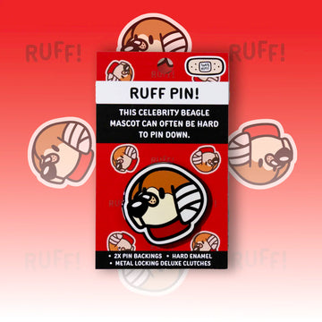 Ruff the beagle head enamel badge on display card with deluxe locking clutches—cute dog pin; great furry accessory or gift.
