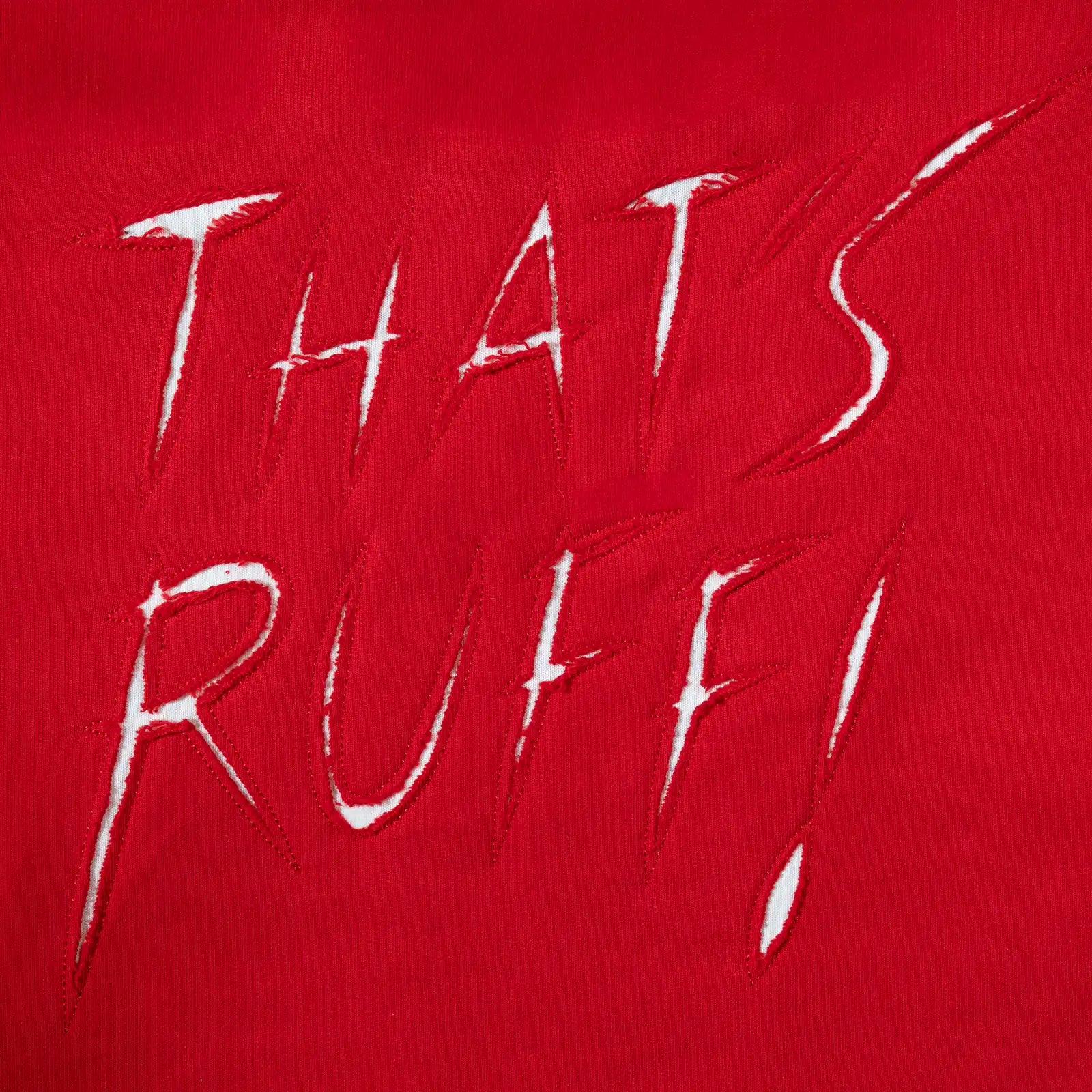 Red shirt with white text applique 'THAT'S RUFF!' on a red background sweater