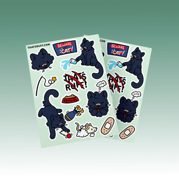Vandal the mischievous black cat sticker sheet; waterproof, UV-resistant, biodegradable plant-cellulose stickers for laptops, cars and bottles.