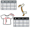 Size chart for the THAT'S RUFF BLOTCHES GLIDER tee with measurements in centimeters and inches.