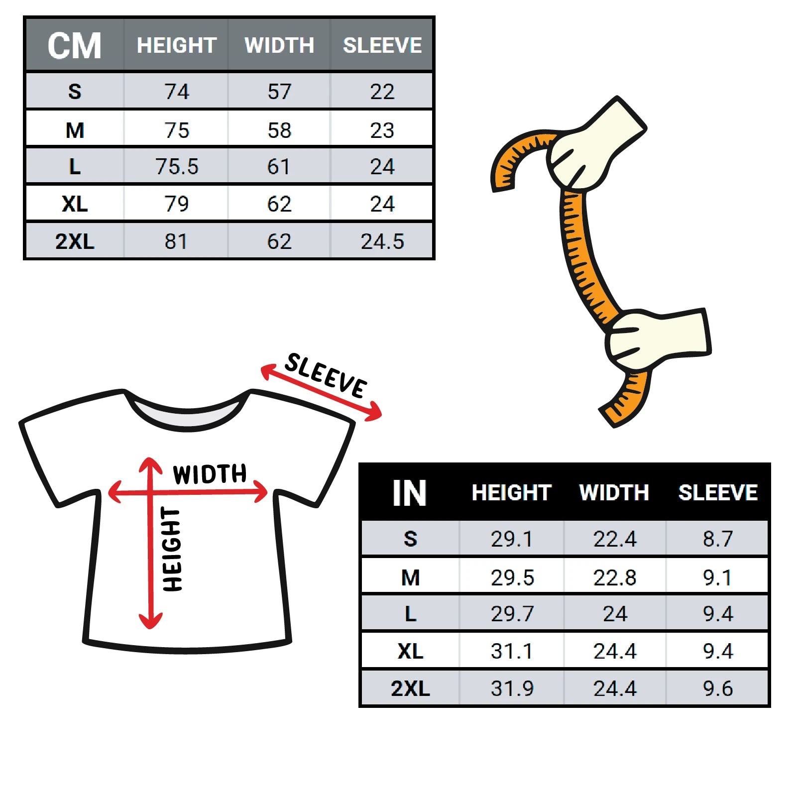 Size chart for the THAT'S RUFF BLOTCHES GLIDER tee with measurements in centimeters and inches.