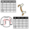 Size chart for shirts with measurements in centimeters and inches, including illustrations of a shirt and measurement arrows.