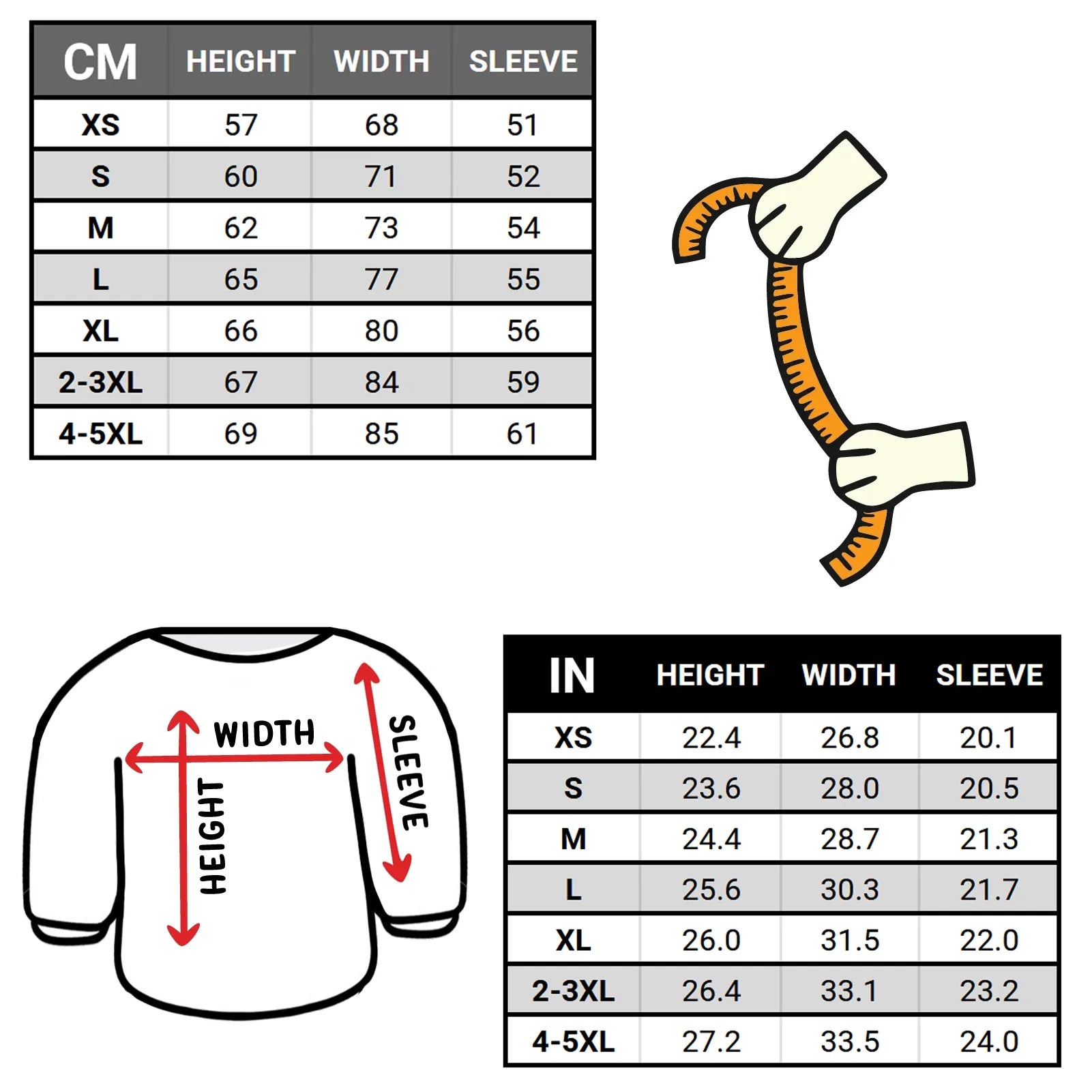 Size chart for shirts with measurements in centimeters and inches, including illustrations of a shirt and measurement arrows.
