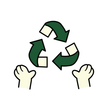 Playful sticker-style graphic icon featuring green recycling arrows surrounded by two cartoon hands. This unique design highlights sustainability and environmental awareness at THAT'S RUFF.