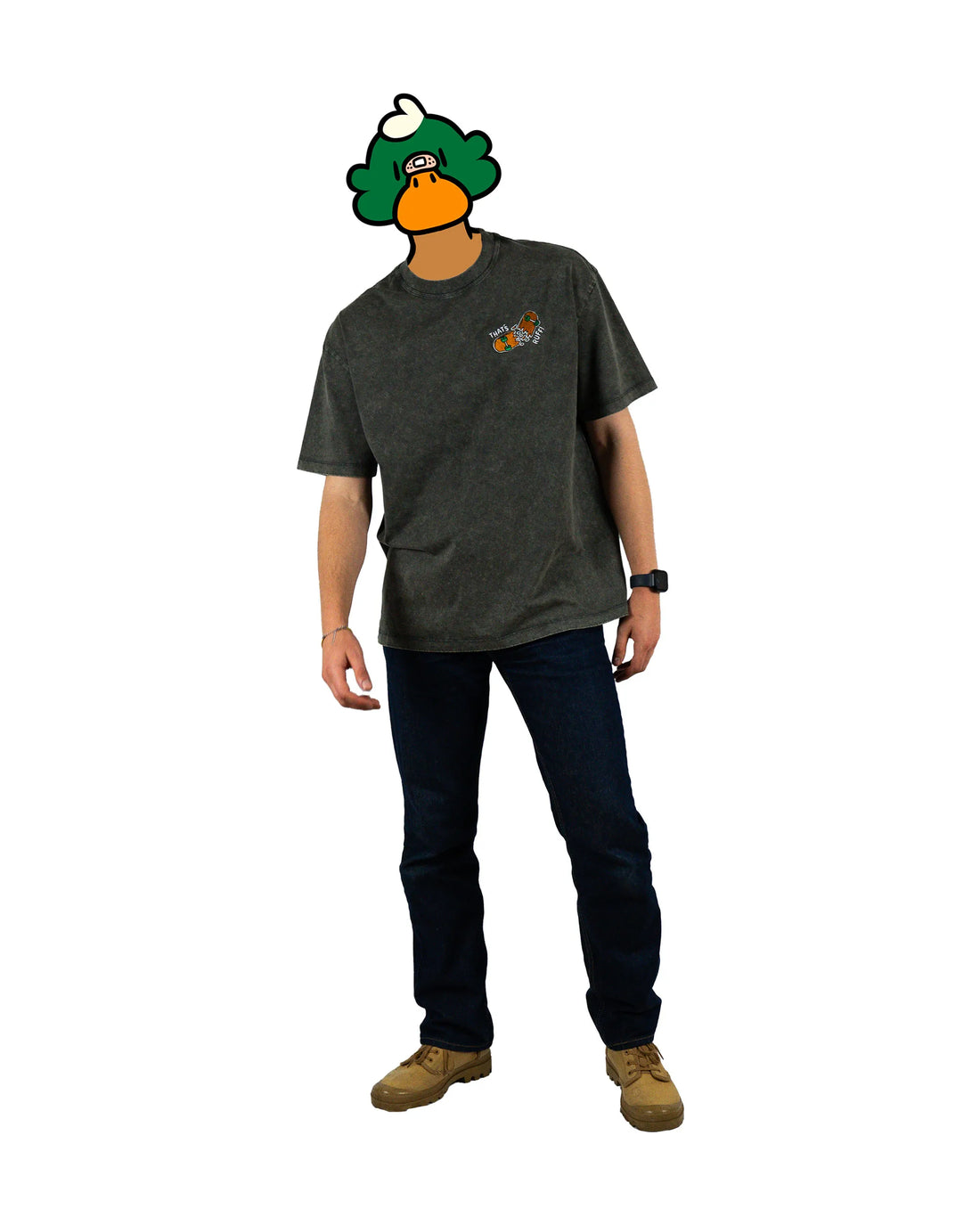 Perfect for furry enthusiasts and fans of playful streetwear, this gray t-shirt from That's Ruff! features a bold graphic of an anthropomorphic dog rocking a helmet. Tailored for comfort and style, it's paired with black pants accented by That's Ruff! patches for a complete look. Whether you're part of the furry fandom or just love standout designs, this shirt delivers rugged charm and individuality. Add a touch of whimsy to your wardrobe today!