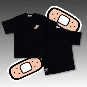 Flat lay of a black tee with a small bandage emblem and tiny THATS RUFF back logo—premium everyday streetwear.