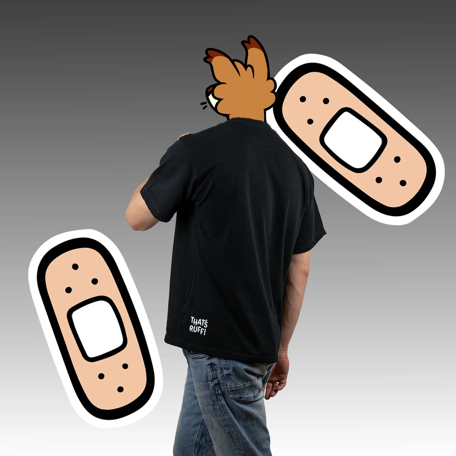 Back view of the black tee with a small THAT'S RUFF mark at the hem—versatile piece that pairs with cute animal tops and furry merch.