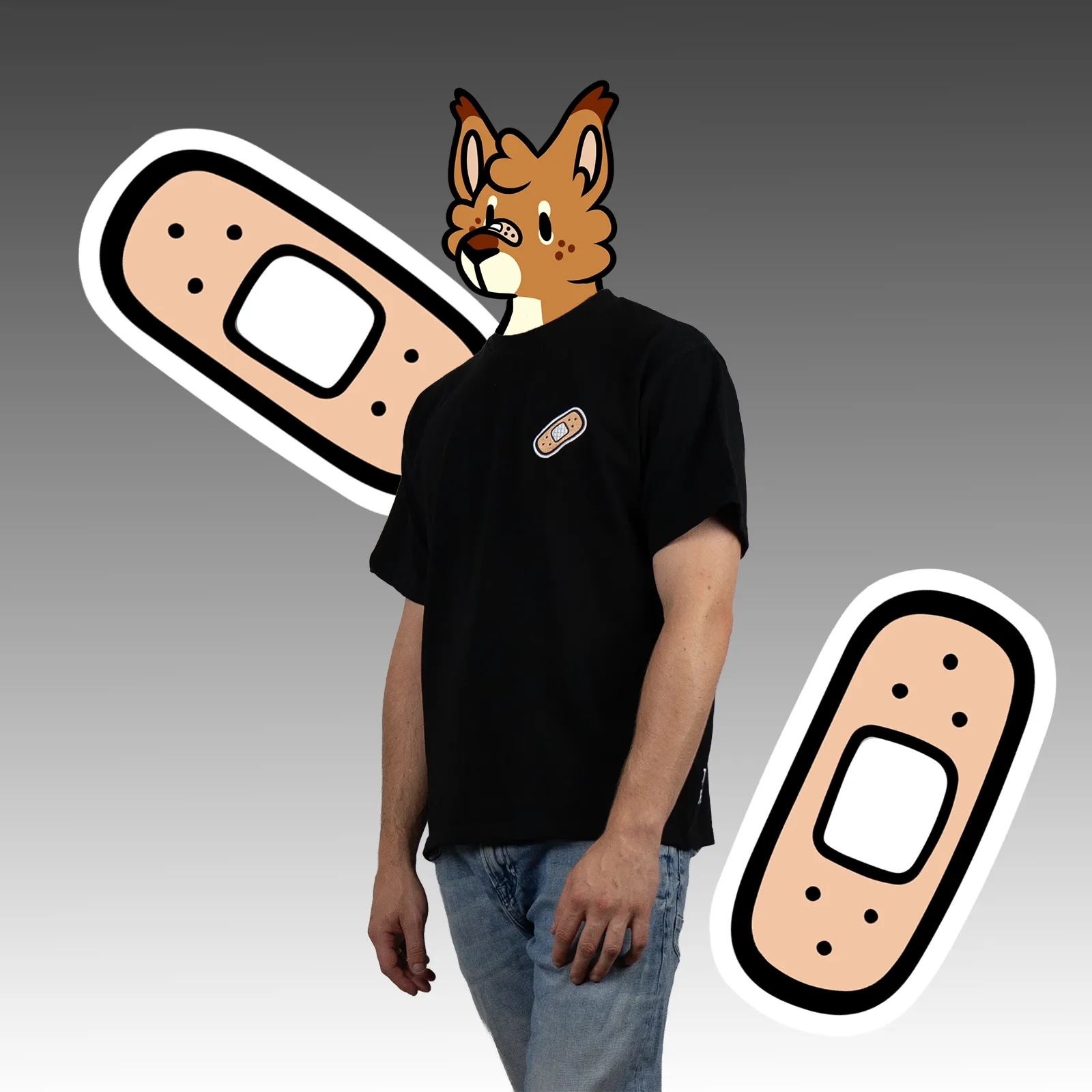 Model wearing a black premium cotton tee with small bandage chest embroidery—kawaii streetwear and minimalist graphic style.
