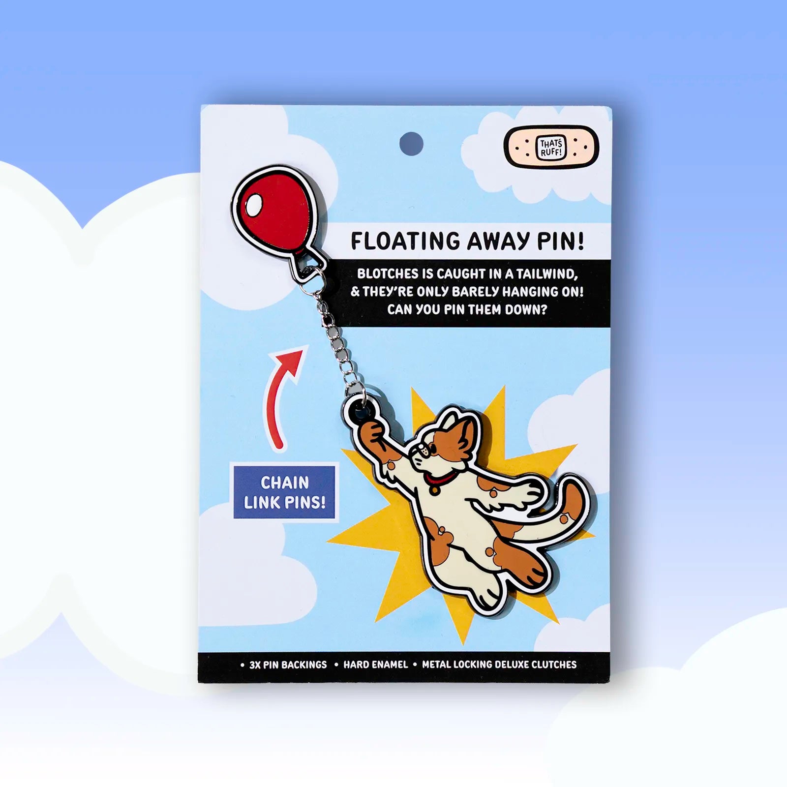 Carded pin set of Blotches the calico cat hanging from a red balloon by a small chain—kawaii lapel pin for ita bags and jackets; furry accessories.