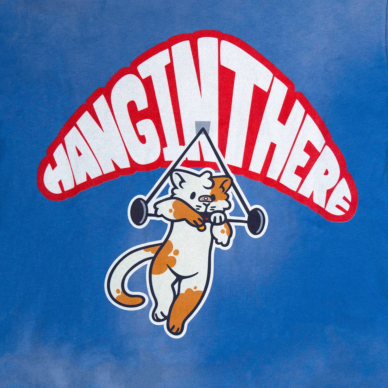Close-up of the “Hang In There” cat front print on a blue oversized tee—cute kawaii animal furry streetwear/furry clothing brands.
