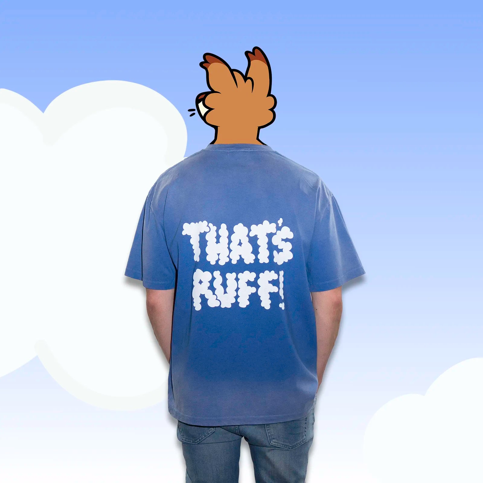 Back view of the blue oversized tee with THAT'S RUFF cloud logo print—cute kawaii animal furry streetwear/furry merch brand.