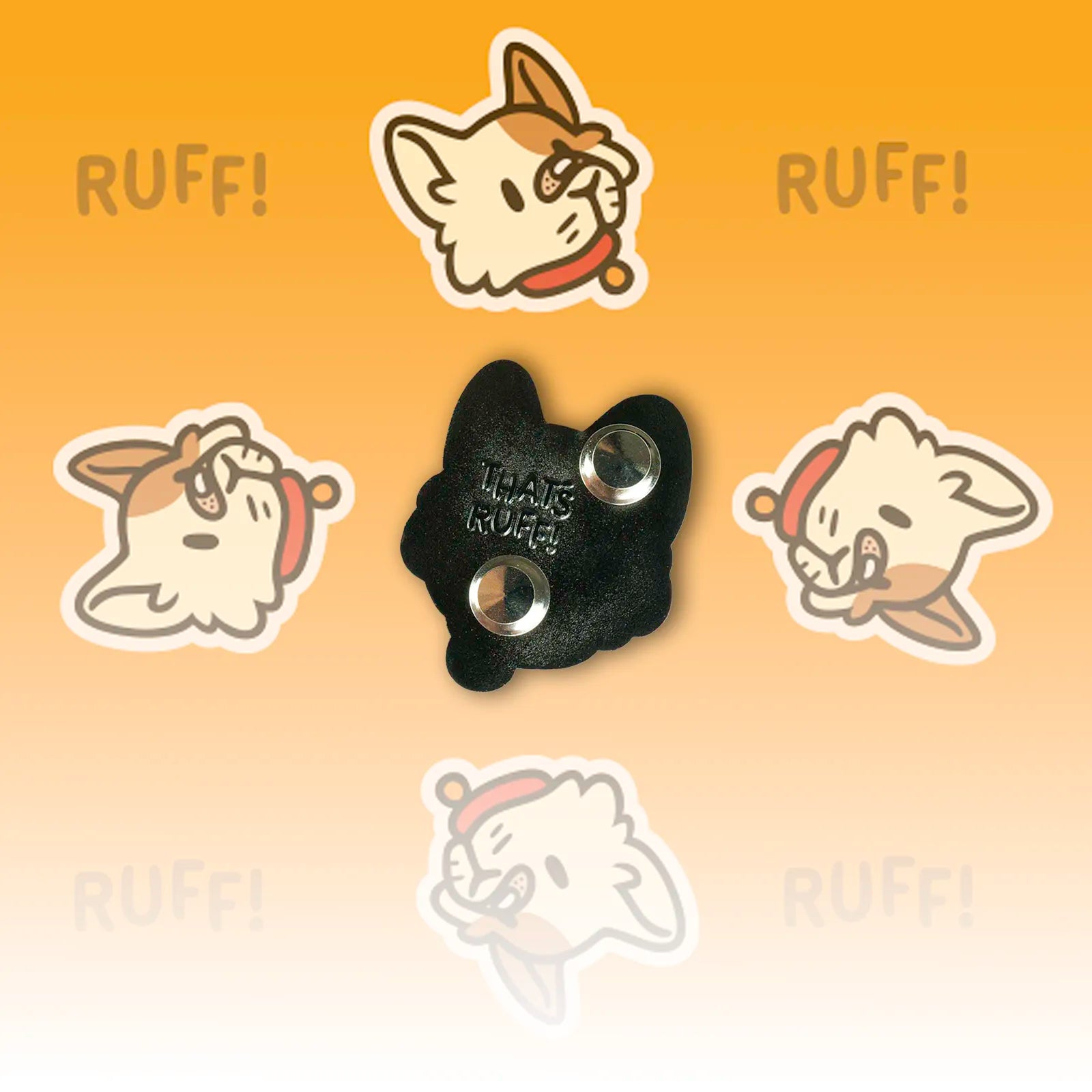 Back of the Blotches calico cat hard-enamel pin showing twin posts and metal locking clutches—cute furry merch accessory.