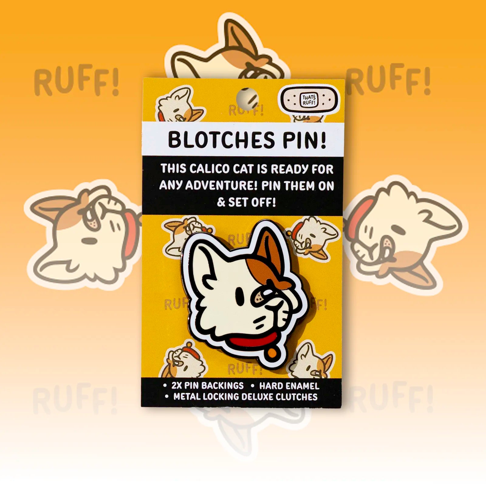 Carded Blotches headshot enamel badge with deluxe locks; kawaii cat pin for jackets, ita bags, and lanyards—furry accessories.