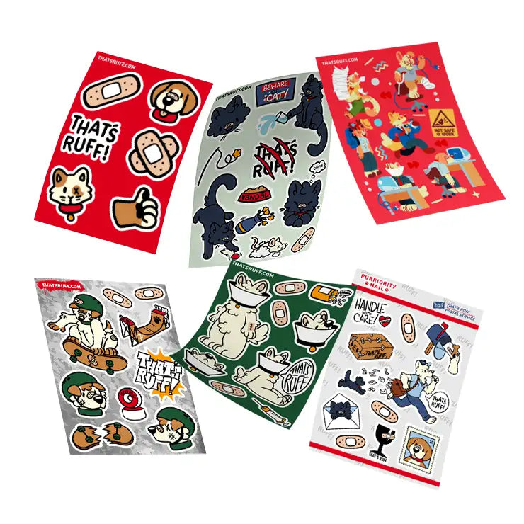 Eco sticker sheets—biodegradable, water- and UV-resistant designs featuring THAT’S RUFF characters.