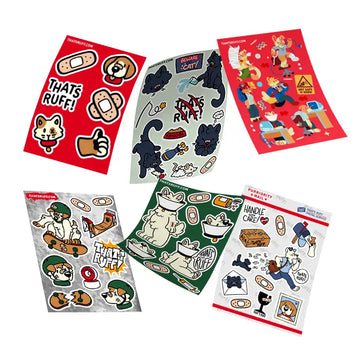 Eco sticker sheets—biodegradable, water- and UV-resistant designs featuring THAT’S RUFF characters.