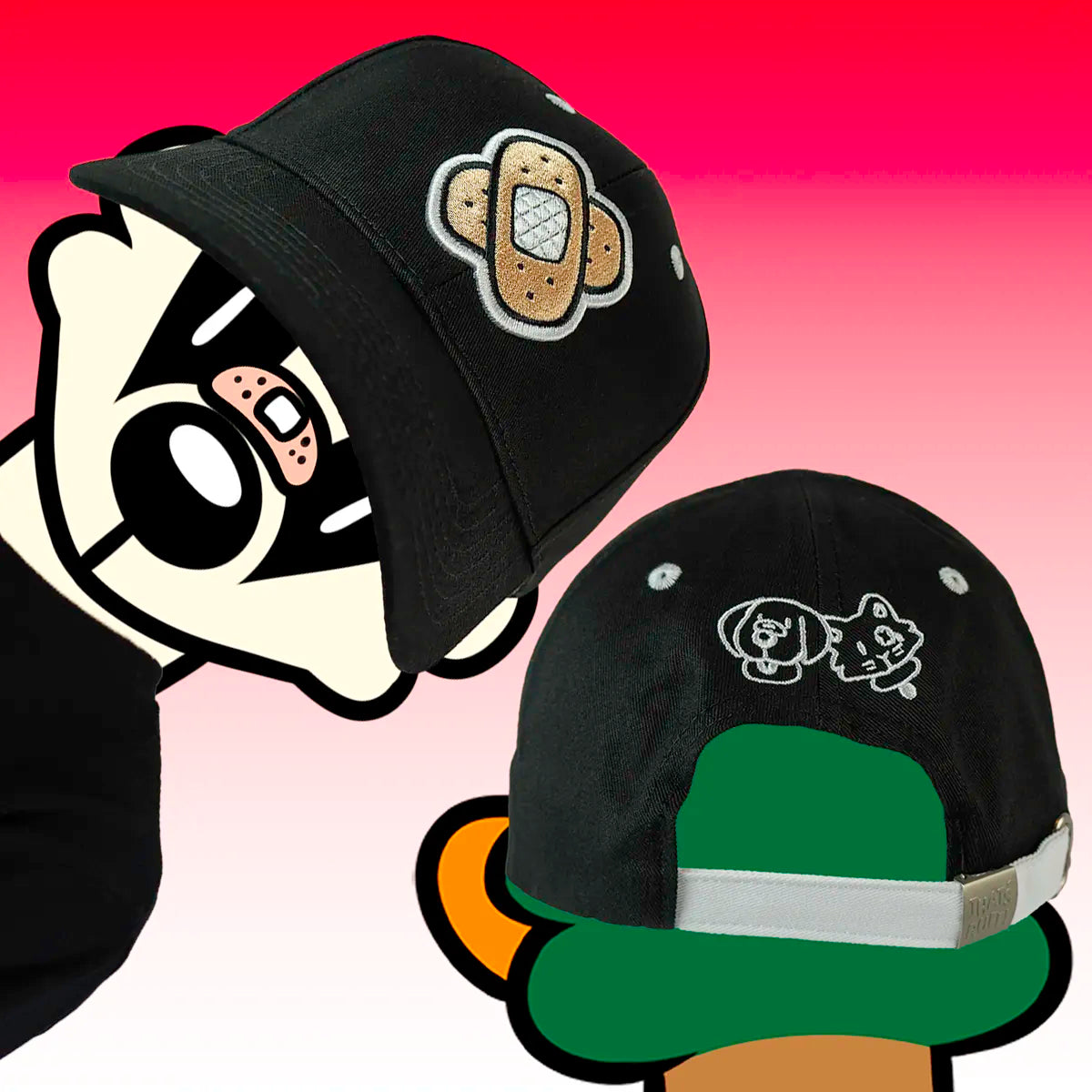 Turn around showing front bandaid embroidery and back dog-cat design on a black strapback cap—cute animal furry merch.