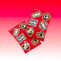 Friends sticker sheet starring Ruff the beagle and Blotches the calico cat; biodegradable cellulose stickers for laptops and lockers.