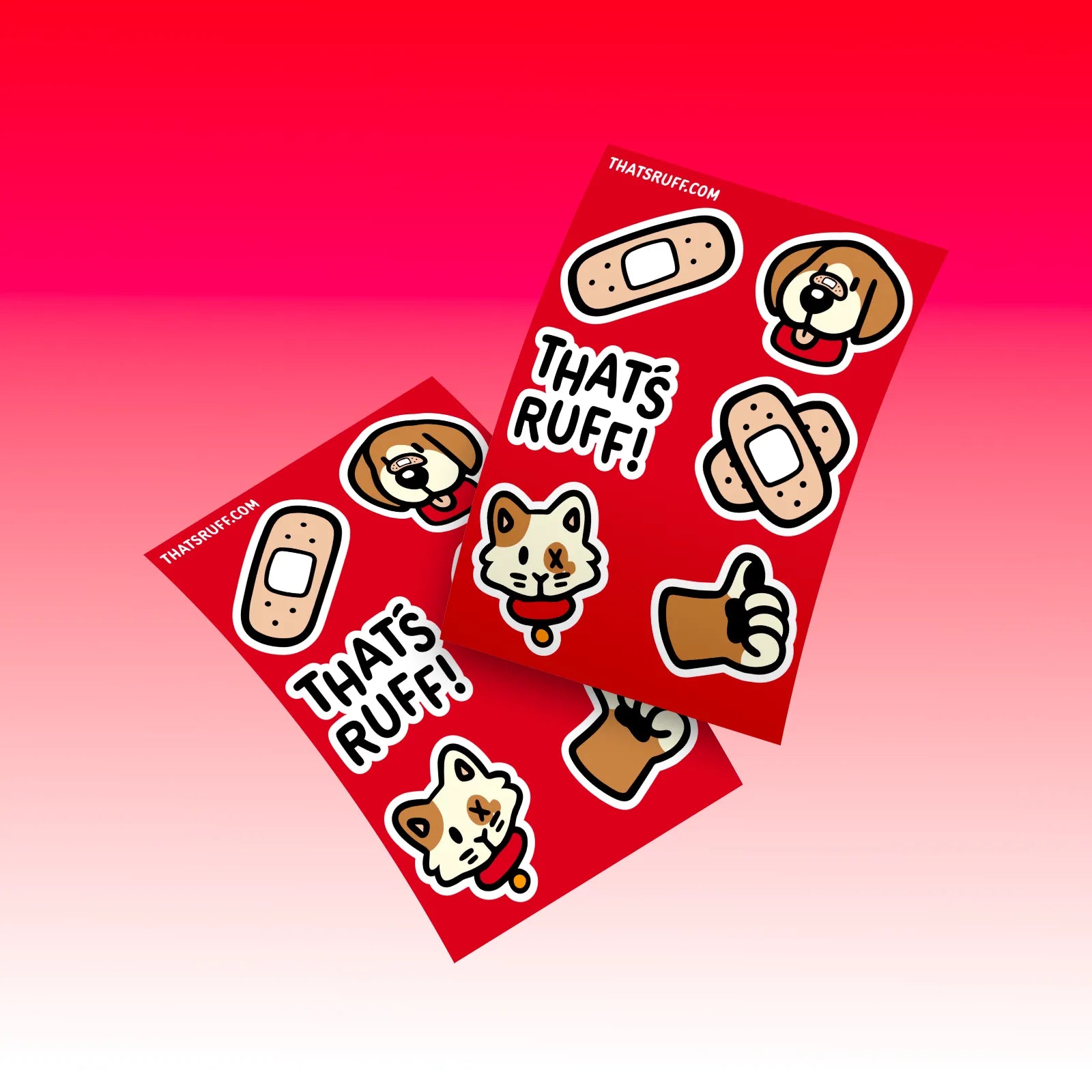 Friends sticker sheet starring Ruff the beagle and Blotches the calico cat; biodegradable cellulose stickers for laptops and lockers.