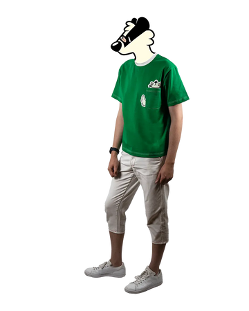 Full-body view of a model wearing a green graphic t-shirt with a playful pocket design from the 'That's Ruff!' collection. Paired with white cropped pants and sneakers, this outfit combines casual comfort with bold and unique streetwear style.