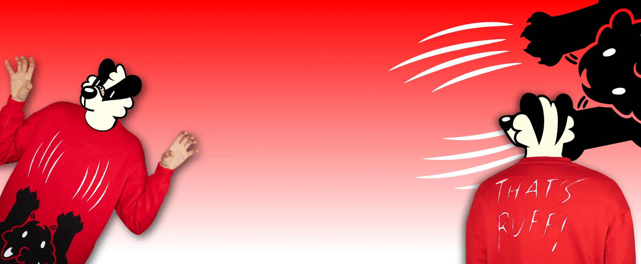 Two people wearing red sweatshirts with cartoon badger faces and text on a red background and Vandal the black cat scratching across the top.slider_item_7eXGai