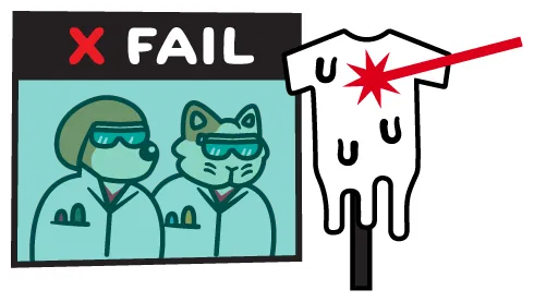 Cartoon dog and cat scientists review a failed lab test while a laser melts a T-shirt — visual for That’s Ruff’s commitment to constant product improvement.