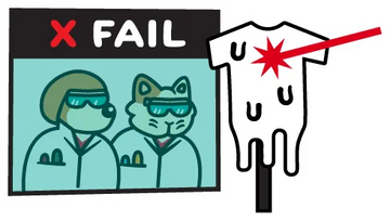 Cartoon dog and cat scientists review a failed lab test while a laser melts a T-shirt — visual for That’s Ruff’s commitment to constant product improvement.