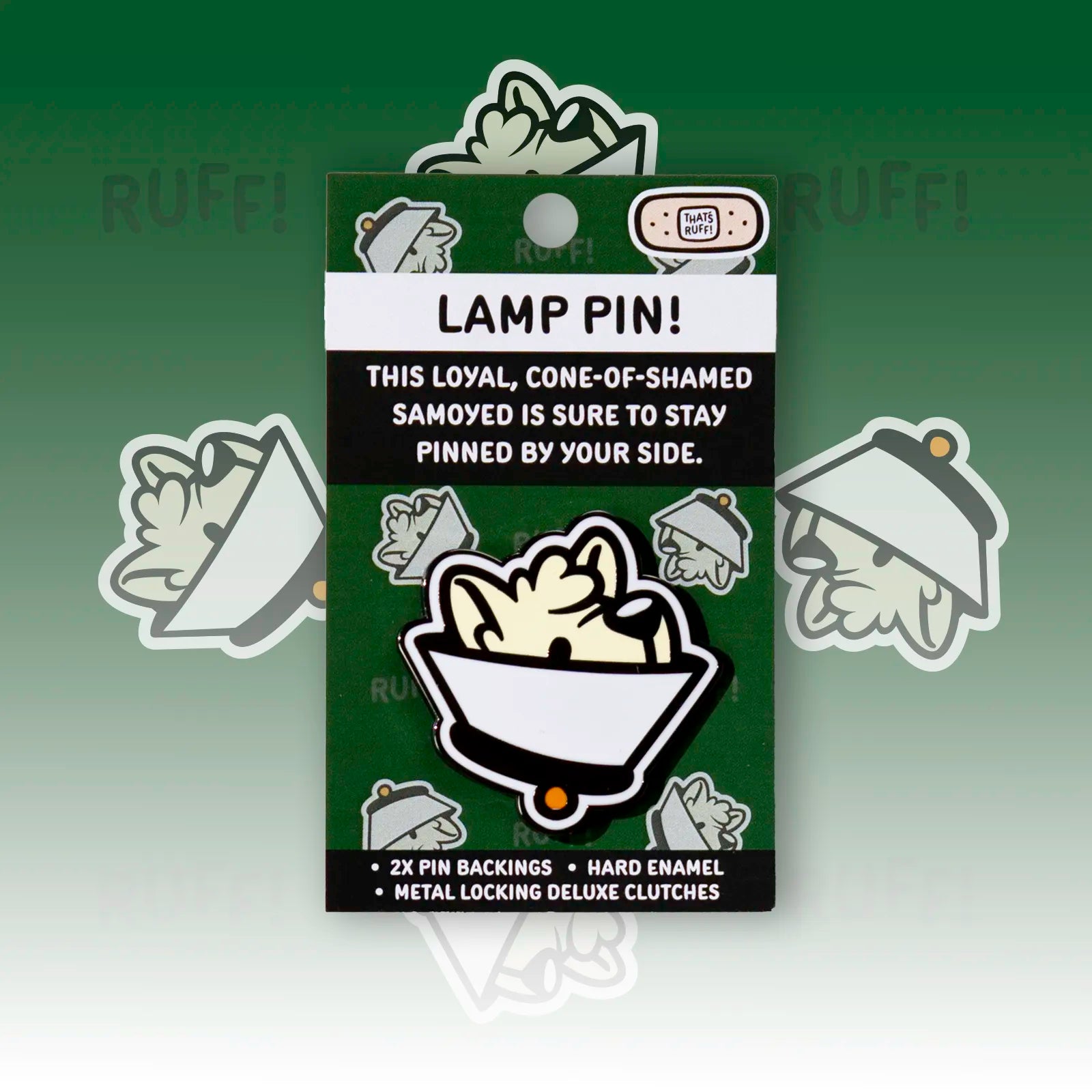 Lamp the Samoyed (cone of shame) hard-enamel head pin on backing card—adorable dog lapel pin for bags, hats, and con fits.