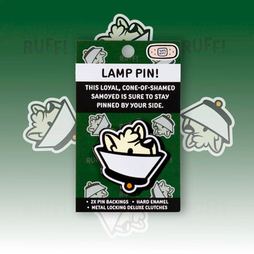 Lamp the Samoyed (cone of shame) hard-enamel head pin on backing card—adorable dog lapel pin for bags, hats, and con fits.