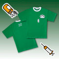 Flat lay with front Samoyed pocket graphic and back logo on an emerald-green heavyweight cotton tshirt—furry shirt and kawaii clothing.