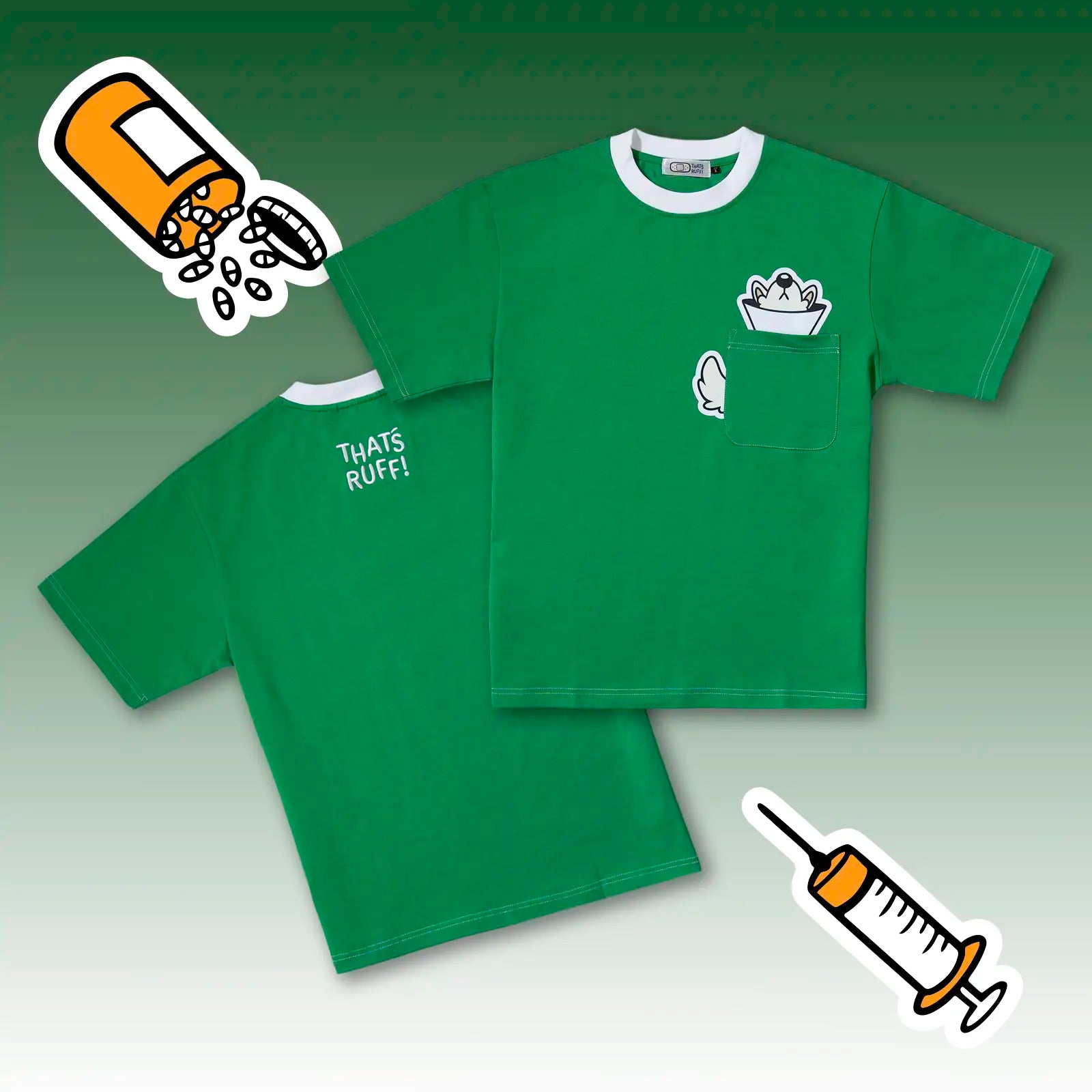 Flat lay with front Samoyed pocket graphic and back logo on an emerald-green heavyweight cotton tshirt—furry shirt and kawaii clothing.