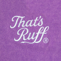 Back-neck embroidery detail showing THAT'S RUFF logo on a washed purple oversized tee—furry apparel/furry clothing brand.