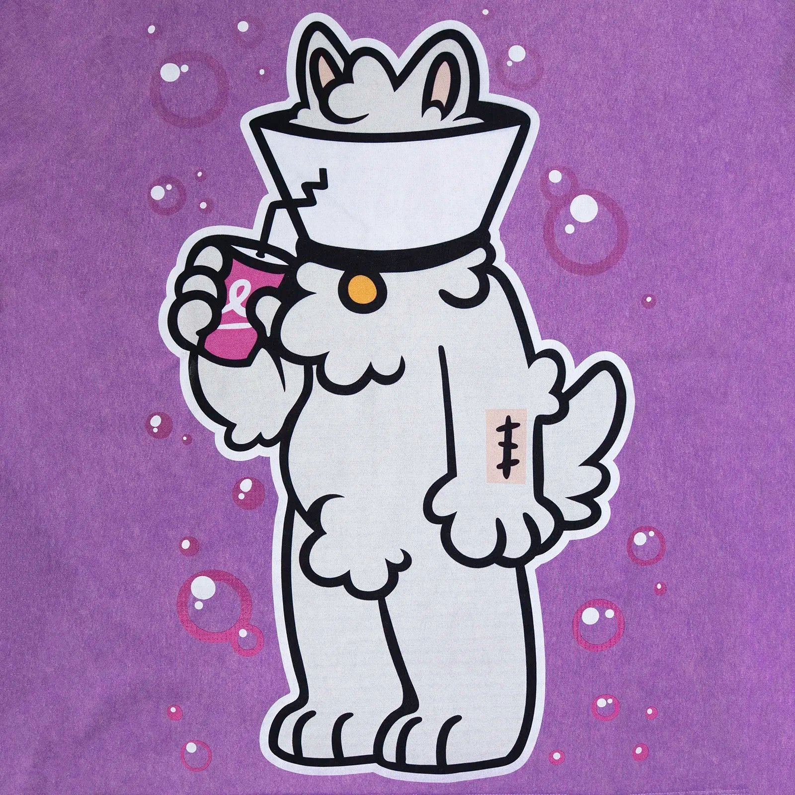 Close-up of the Samoyed “Lamp” front print on a washed purple oversized tee—cute animal print furry apparel/furry merch.