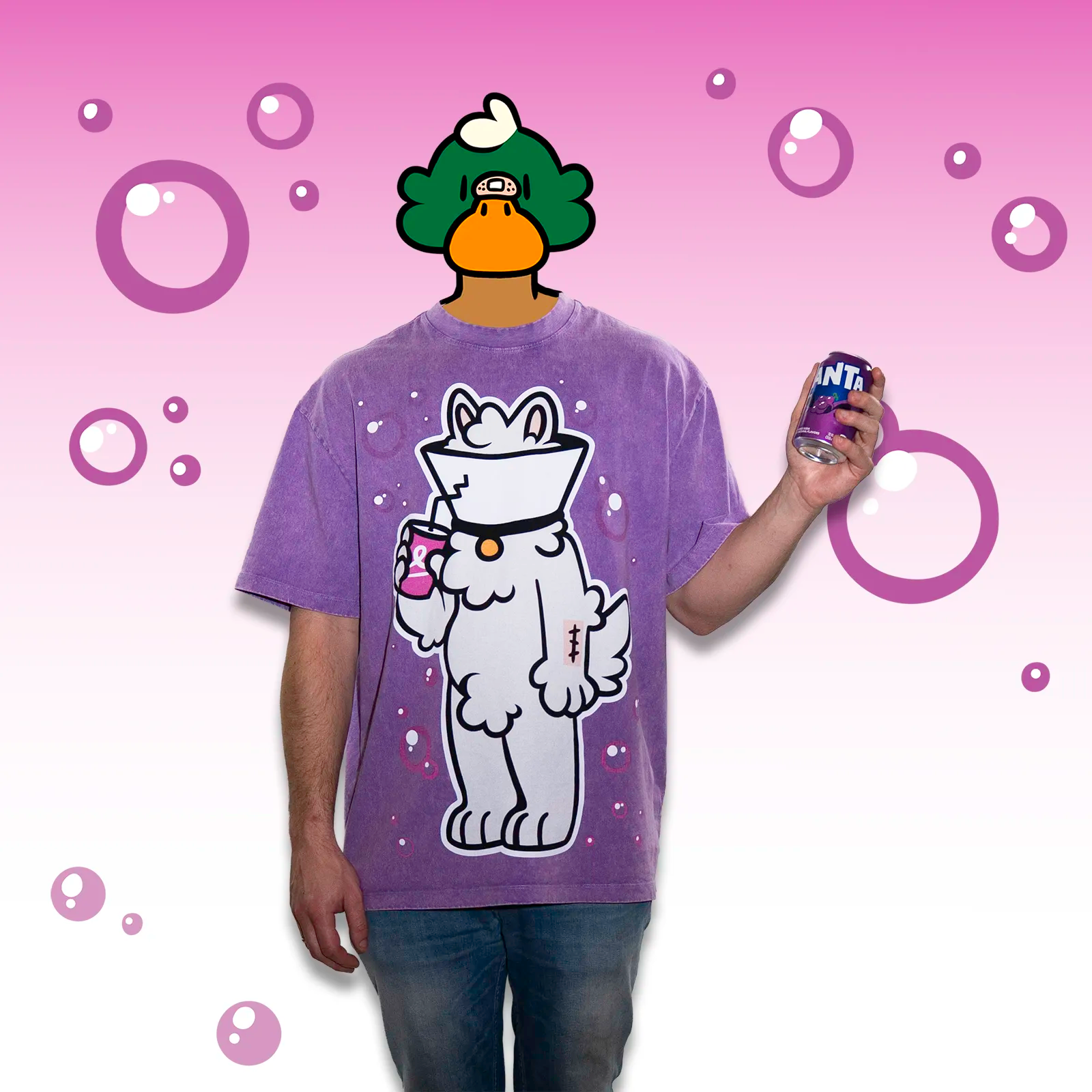 Model wearing a washed purple oversized 260gsm cotton tee with Samoyed “Lamp” graphic holding grape fanta—furry streetwear/furry clothing by THAT'S RUFF.